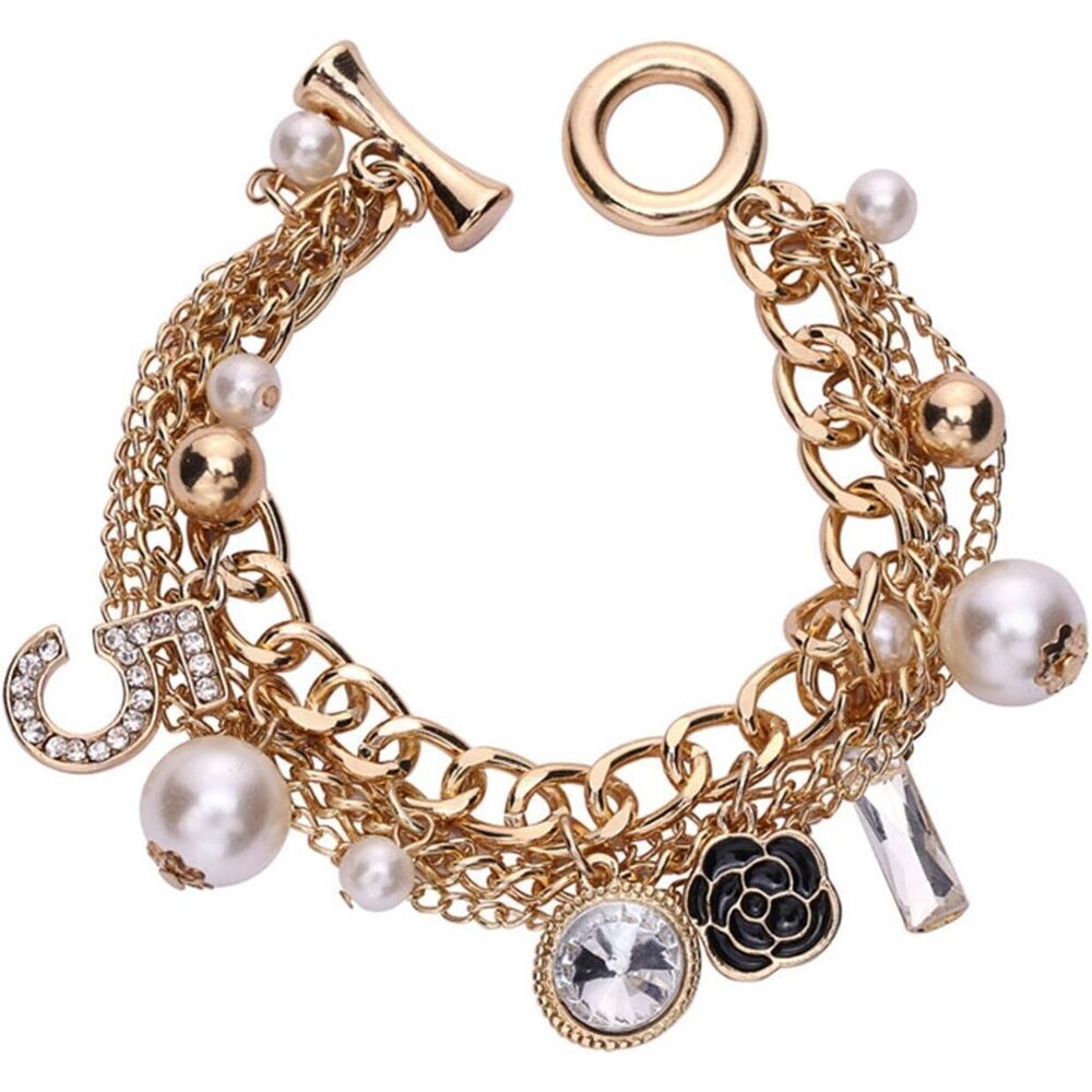Charm Bracelet for Women Gold Tone Lucky Imitation Pearl Stone Chain
